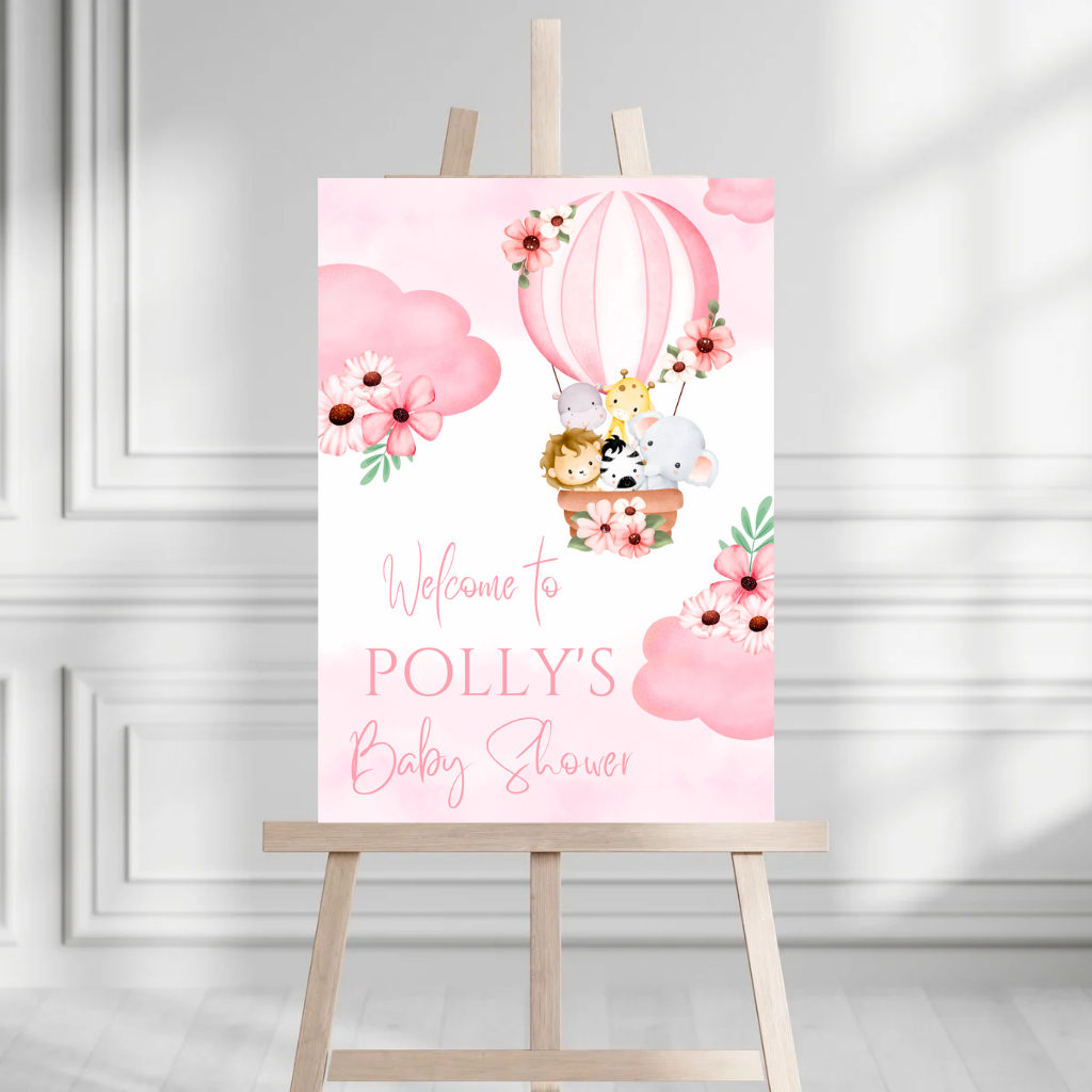 Pink Floral Safari Animal Hot Air Balloon Welcome Board Sign | Personalised Baby Shower, Birthday Party Board | Party Sign | A4, A3, A2