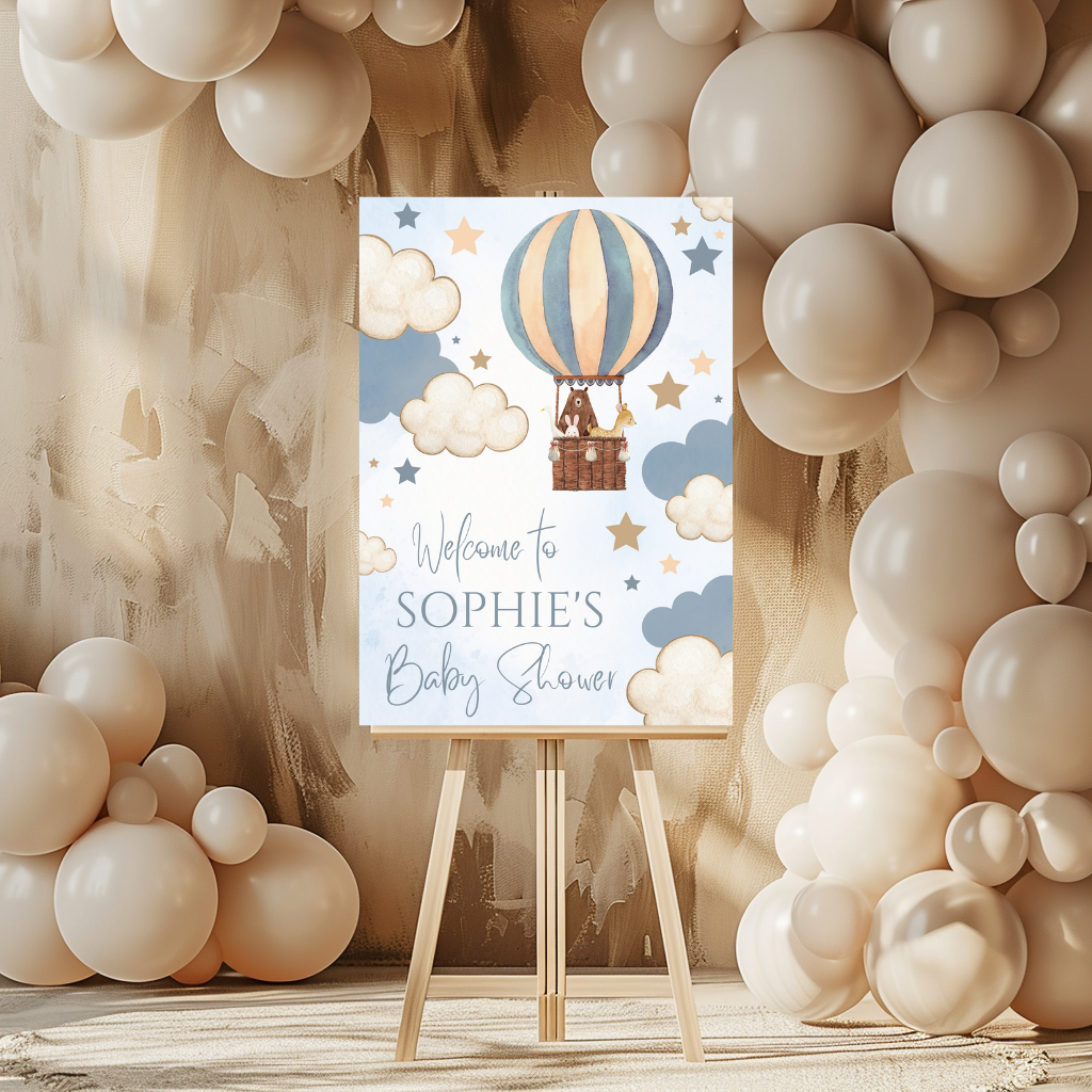 Blue Woodland Animal Hot Air Balloon Welcome Board Sign | Personalised Baby Shower, Birthday Party Board | Party Sign | A4, A3, A2