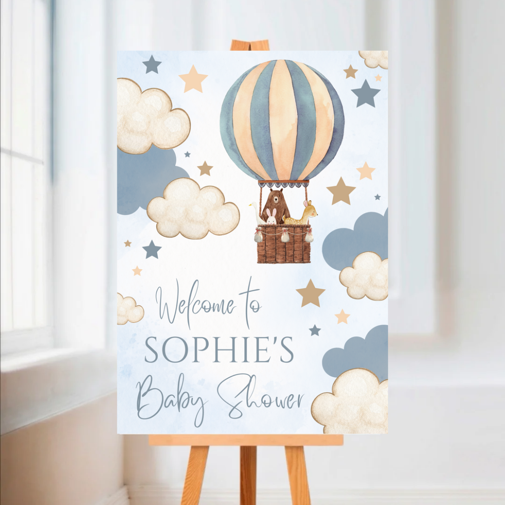 Blue Woodland Animal Hot Air Balloon Welcome Board Sign | Personalised Baby Shower, Birthday Party Board | Party Sign | A4, A3, A2