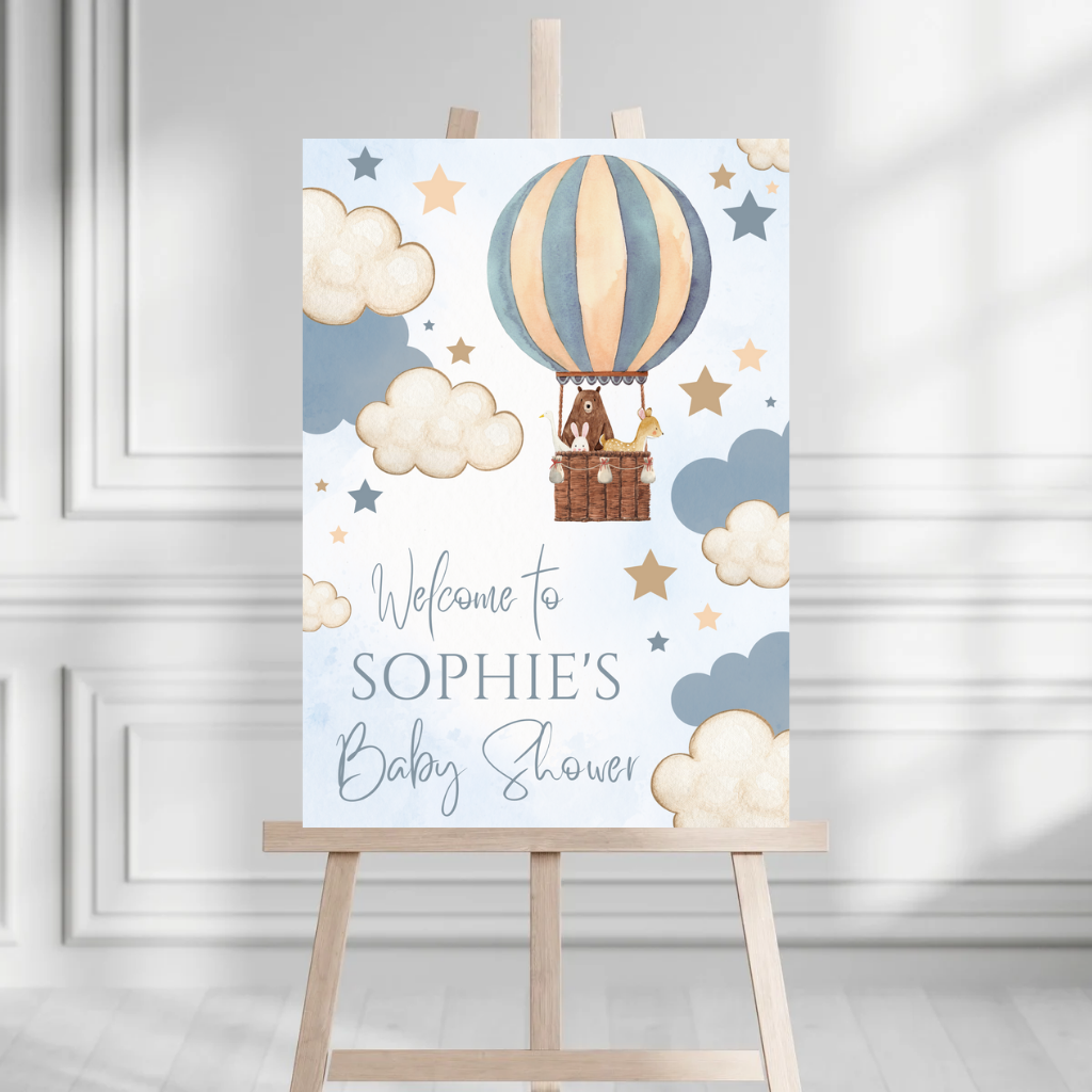 Blue Woodland Animal Hot Air Balloon Welcome Board Sign | Personalised Baby Shower, Birthday Party Board | Party Sign | A4, A3, A2