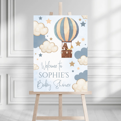 Blue Woodland Animal Hot Air Balloon Welcome Board Sign | Personalised Baby Shower, Birthday Party Board | Party Sign | A4, A3, A2