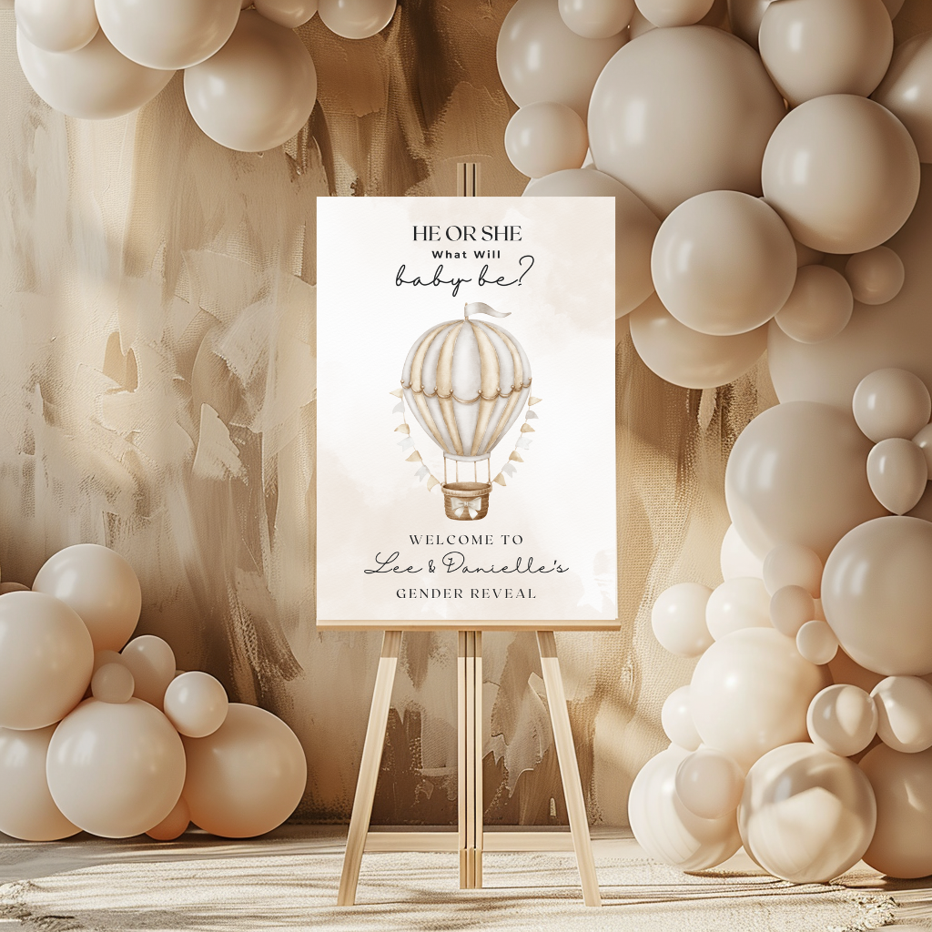 Neutral Beige Hot Air Balloon Gender Reveal Welcome Board Sign | Personalised Gender Reveal Board | Party Sign | A4, A3, A2