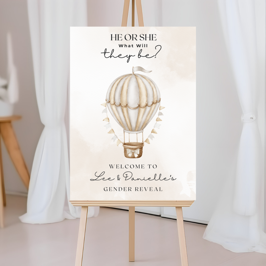 Neutral Beige Hot Air Balloon Gender Reveal Welcome Board Sign | Personalised Gender Reveal Board | Party Sign | A4, A3, A2