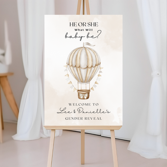 Neutral Beige Hot Air Balloon Gender Reveal Welcome Board Sign | Personalised Gender Reveal Board | Party Sign | A4, A3, A2