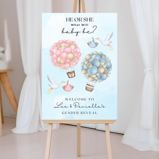 Hot Air Balloon Stalks Gender Reveal Welcome Board Sign | Personalised Gender Reveal Board | Party Sign | A4, A3, A2