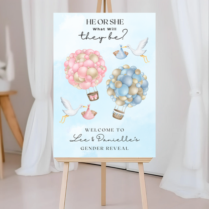 Hot Air Balloon Stalks Gender Reveal Welcome Board Sign | Personalised Gender Reveal Board | Party Sign | A4, A3, A2