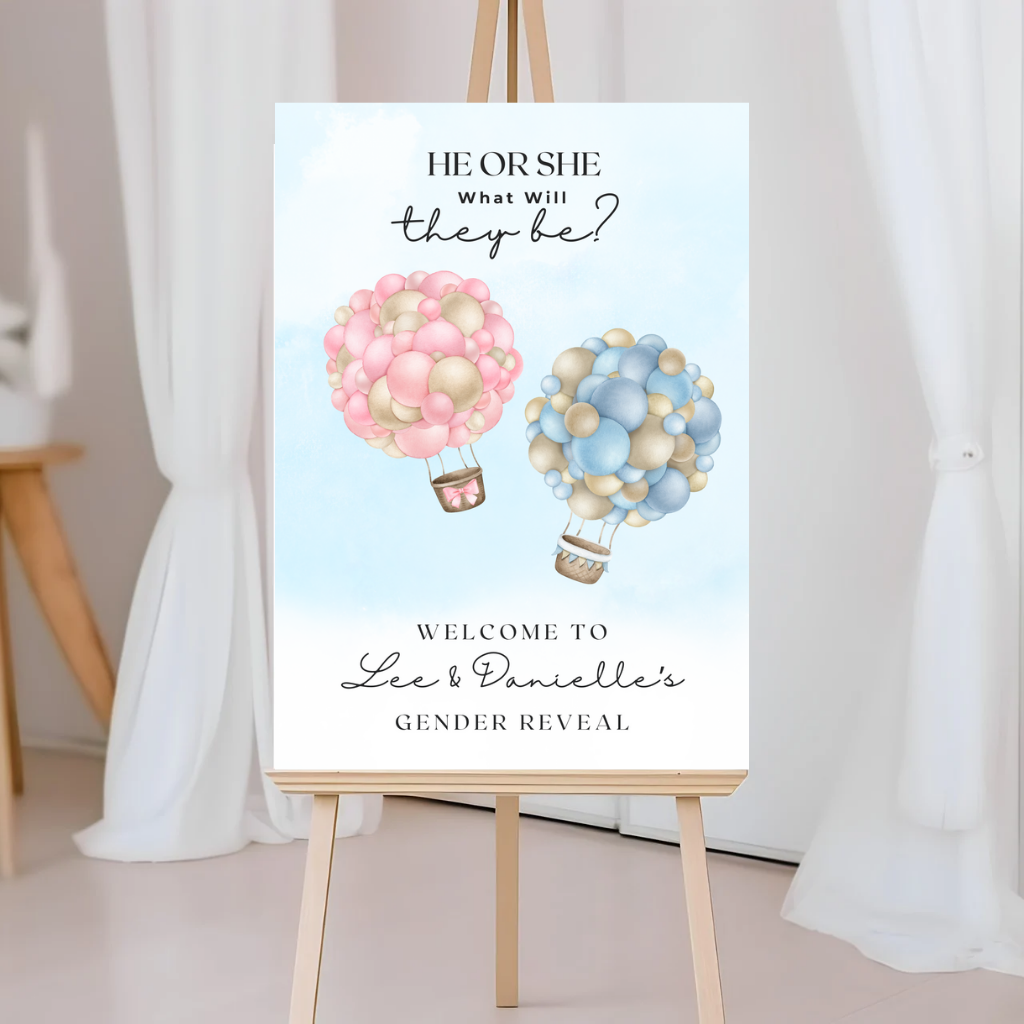 Hot Air Balloon Gender Reveal Welcome Board Sign | Personalised Gender Reveal Board | Party Sign | A4, A3, A2