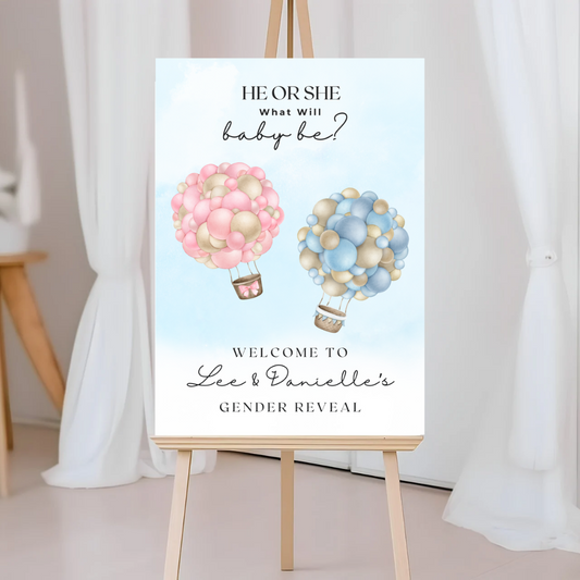 Hot Air Balloon Gender Reveal Welcome Board Sign | Personalised Gender Reveal Board | Party Sign | A4, A3, A2