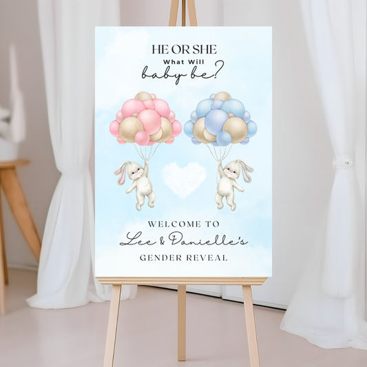 Balloon Bunny Gender Reveal Welcome Board Sign | Personalised Gender Reveal Board | Party Sign | A4, A3, A2