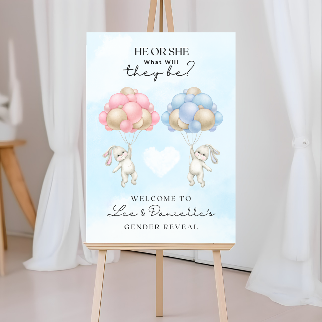 Balloon Bunny Gender Reveal Welcome Board Sign | Personalised Gender Reveal Board | Party Sign | A4, A3, A2