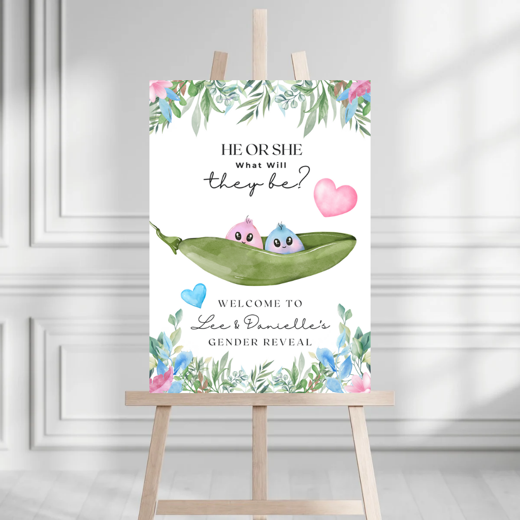 Peas In A Pod Twins Gender Reveal Welcome Board Sign | Personalised Twins Gender Reveal Board | Party Sign | A4, A3, A2
