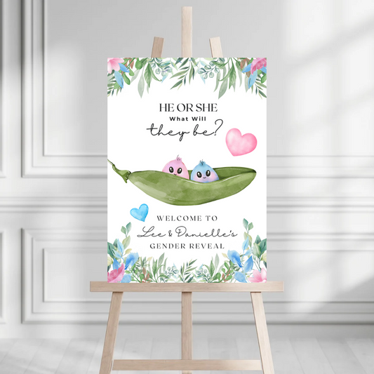 Peas In A Pod Twins Gender Reveal Welcome Board Sign | Personalised Twins Gender Reveal Board | Party Sign | A4, A3, A2