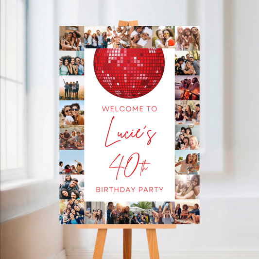 Red Disco Image Photo Collage Welcome Board Sign | Personalised Birthday Board | Birthday Party Sign | A4, A3, A2