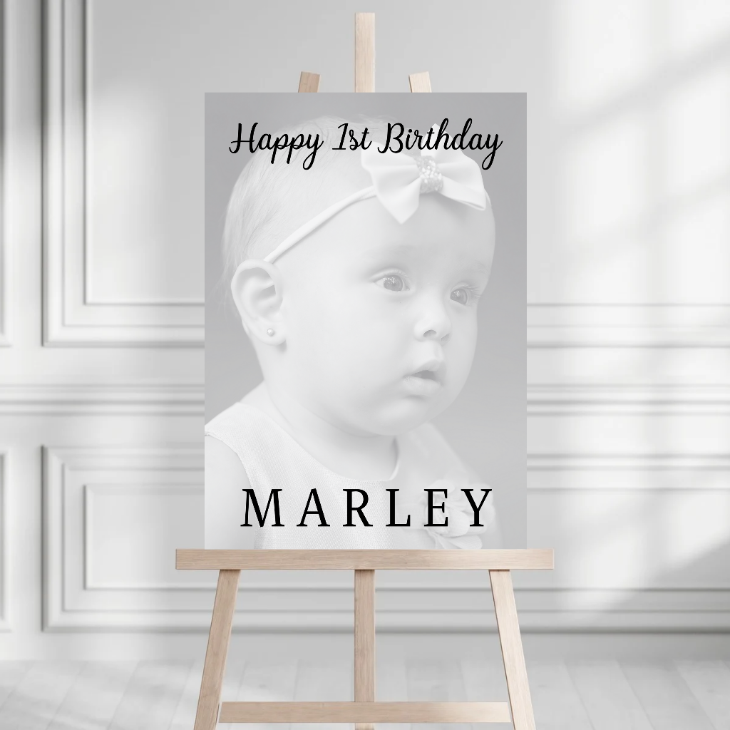 Black & White Photo Board | First Birthday Welcome Board Sign | Personalised Party Board | A4, A3, A2