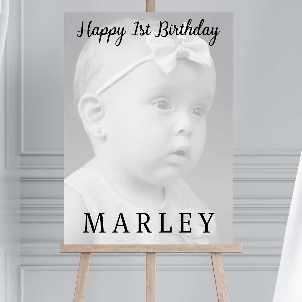 Black & White Photo Board | First Birthday Welcome Board Sign | Personalised Party Board | A4, A3, A2