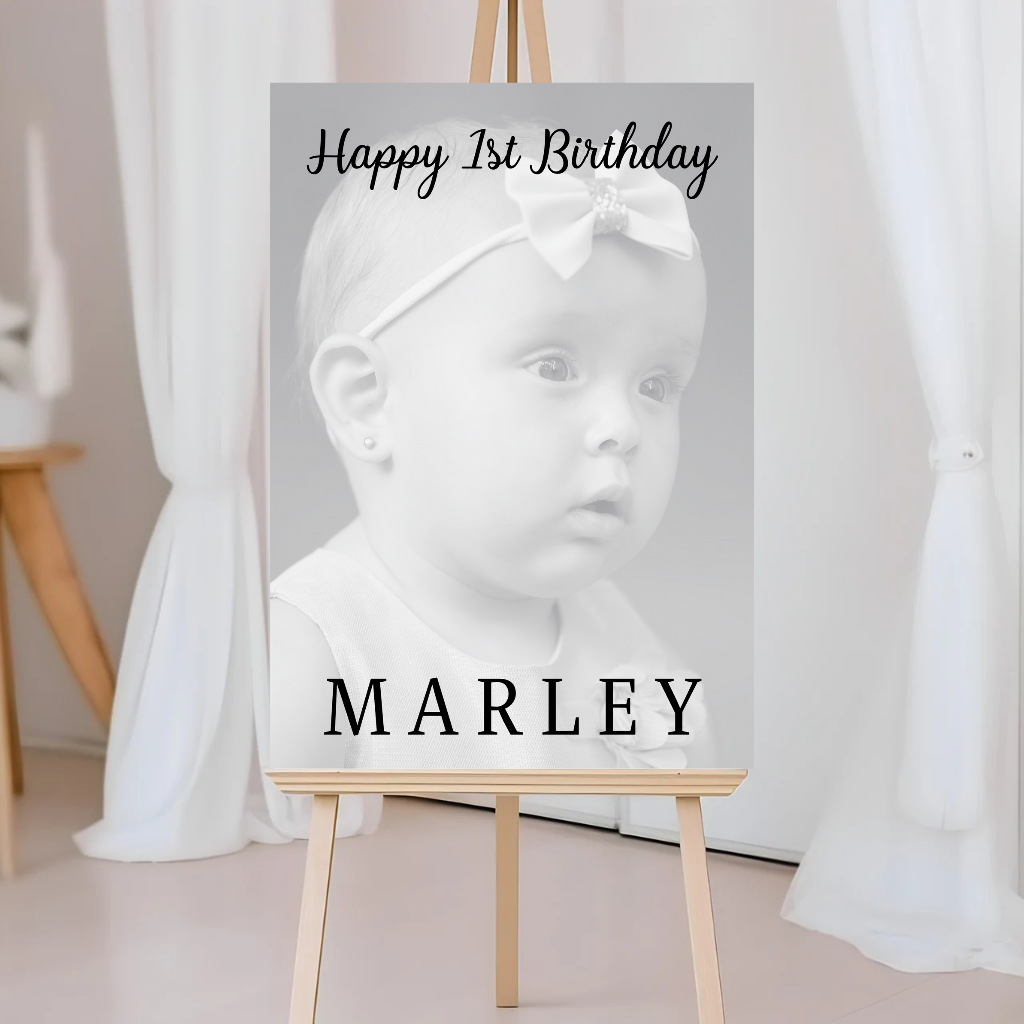 Black & White Photo Board | First Birthday Welcome Board Sign | Personalised Party Board | A4, A3, A2