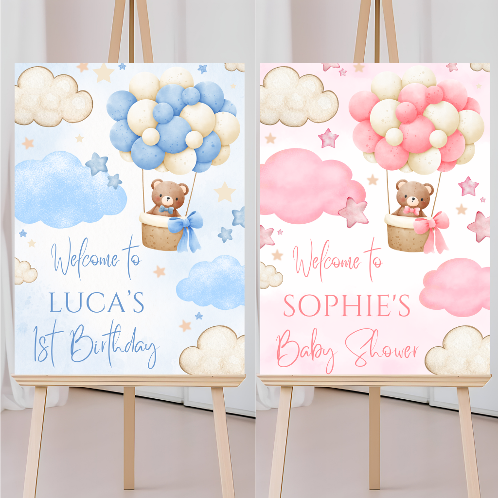 Pink or Blue Teddy Bear Hot Air Balloon Welcome Board Sign | Personalised Baby Shower, Birthday Party Board | Party Sign | A4, A3, A2, A1