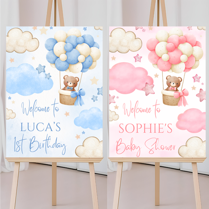Pink or Blue Teddy Bear Hot Air Balloon Welcome Board Sign | Personalised Baby Shower, Birthday Party Board | Party Sign | A4, A3, A2, A1