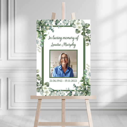 Funeral Service Entrance Board Sign | Personalised Photo Funeral Board | Greenery Funeral Wake Sign | A4, A3, A2