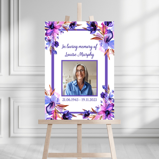Funeral Service Entrance Board Sign | Personalised Photo Funeral Board | Purple Floral Funeral Wake Sign | A4, A3, A2