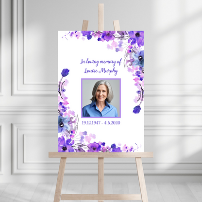 Funeral Service Entrance Board Sign | Personalised Photo Funeral Board | Purple Floral Funeral Wake Sign | A4, A3, A2