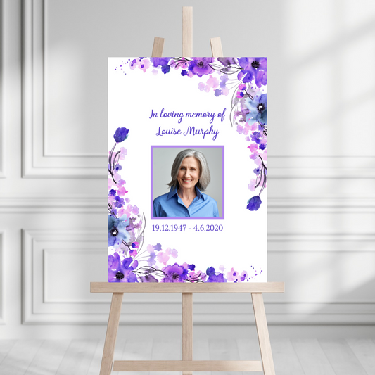 Funeral Service Entrance Board Sign | Personalised Photo Funeral Board | Purple Floral Funeral Wake Sign | A4, A3, A2