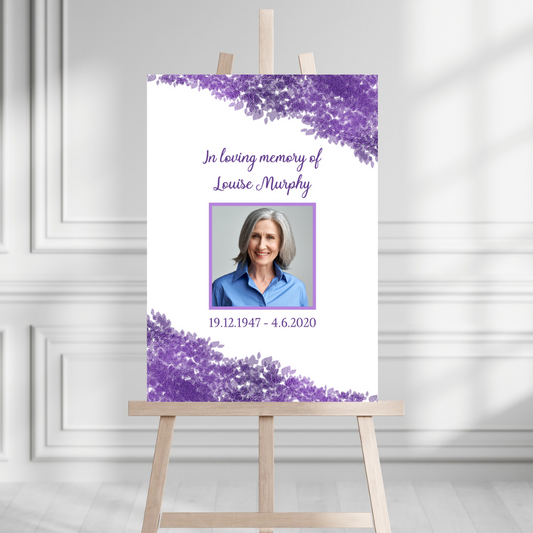 Funeral Service Entrance Board Sign | Personalised Photo Funeral Board | Purple Floral Funeral Wake Sign | A4, A3, A2