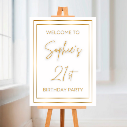 White & Gold Welcome Board Sign | Personalised Birthday Board | Birthday Party Sign | A4, A3, A2