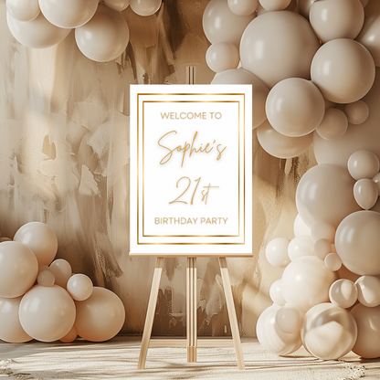 White & Gold Welcome Board Sign | Personalised Birthday Board | Birthday Party Sign | A4, A3, A2