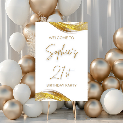 White & Gold Welcome Board Sign | Personalised Birthday Board | Birthday Party Sign | A4, A3, A2