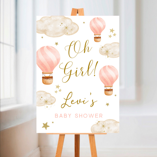 Baby Pink Hot Air Balloon Baby Shower Welcome Board Sign | Personalised Baby Shower Board | Party Sign | A4, A3, A2