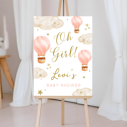 Baby Pink Hot Air Balloon Baby Shower Welcome Board Sign | Personalised Baby Shower Board | Party Sign | A4, A3, A2