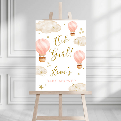 Baby Pink Hot Air Balloon Baby Shower Welcome Board Sign | Personalised Baby Shower Board | Party Sign | A4, A3, A2