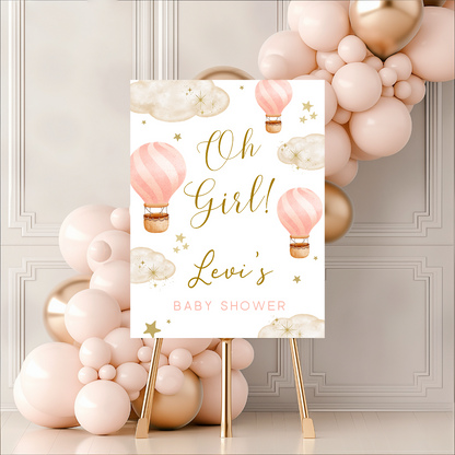 Baby Pink Hot Air Balloon Baby Shower Welcome Board Sign | Personalised Baby Shower Board | Party Sign | A4, A3, A2