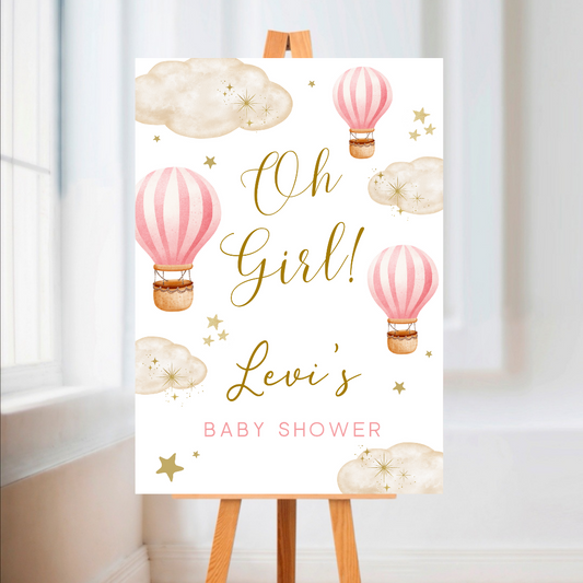 Dark Pink Hot Air Balloon Baby Shower Welcome Board Sign | Personalised Baby Shower Board | Party Sign | A4, A3, A2