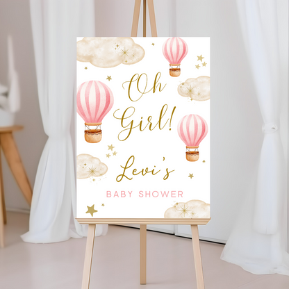 Dark Pink Hot Air Balloon Baby Shower Welcome Board Sign | Personalised Baby Shower Board | Party Sign | A4, A3, A2