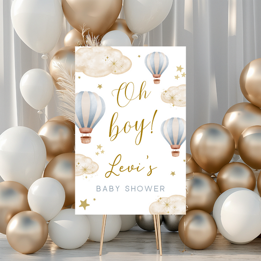 Blue Hot Air Balloon Baby Shower Welcome Board Sign | Personalised Baby Shower Board | Party Sign | A4, A3, A2