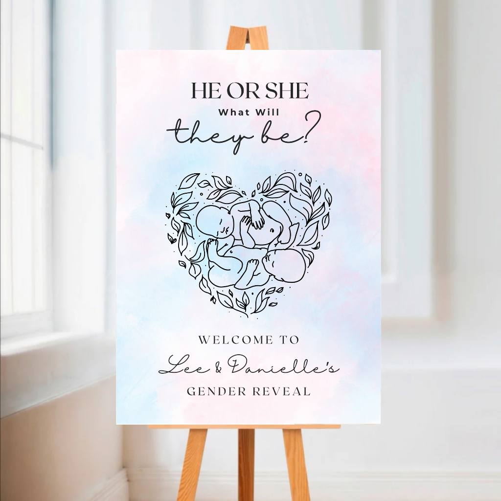 Pink Blue Twin Baby Gender Reveal Welcome Board Sign | Personalised Gender Reveal Board | Party Sign | A4, A3, A2