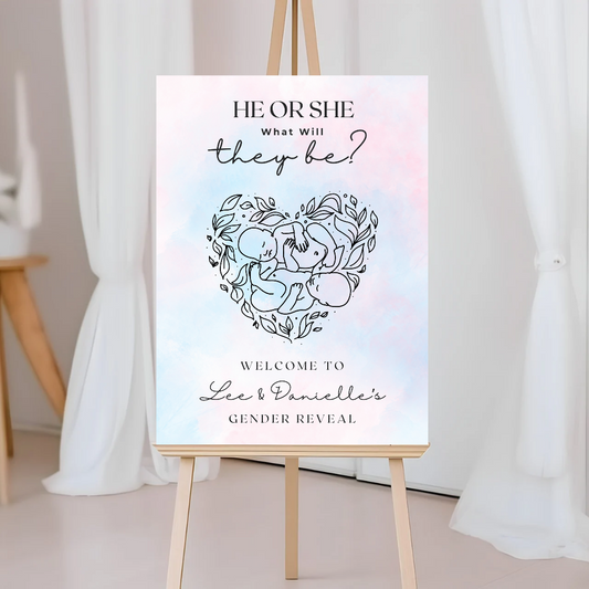 Pink Blue Twin Baby Gender Reveal Welcome Board Sign | Personalised Gender Reveal Board | Party Sign | A4, A3, A2