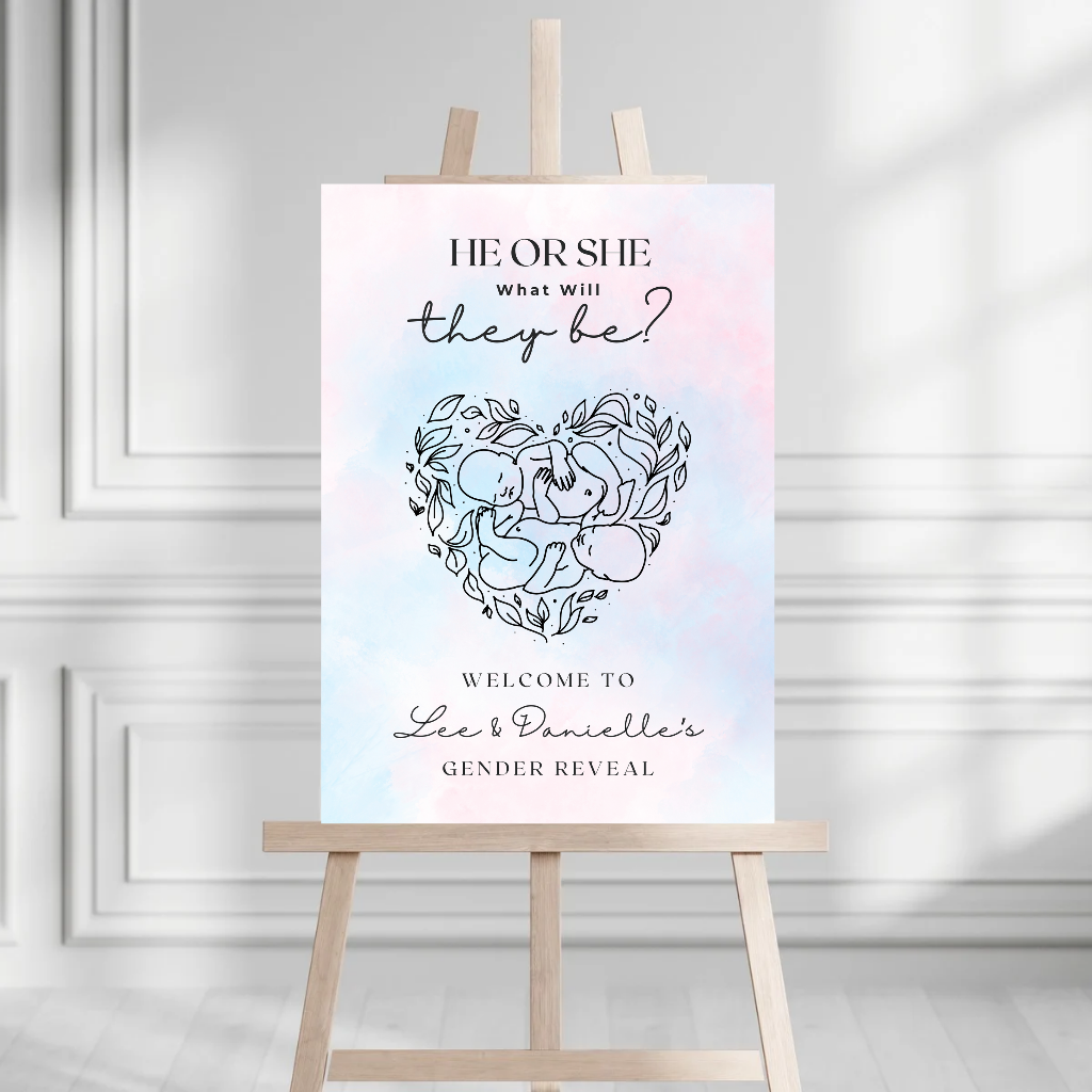 Pink Blue Twin Baby Gender Reveal Welcome Board Sign | Personalised Gender Reveal Board | Party Sign | A4, A3, A2