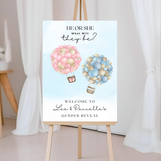 Pink Blue Baby Hot Air Balloon Gender Reveal Welcome Board Sign | Personalised Gender Reveal Board | Party Sign | A4, A3, A2