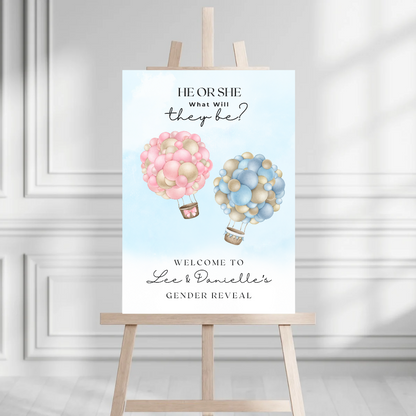 Pink Blue Baby Hot Air Balloon Gender Reveal Welcome Board Sign | Personalised Gender Reveal Board | Party Sign | A4, A3, A2