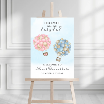 Pink Blue Baby Hot Air Balloon Gender Reveal Welcome Board Sign | Personalised Gender Reveal Board | Party Sign | A4, A3, A2