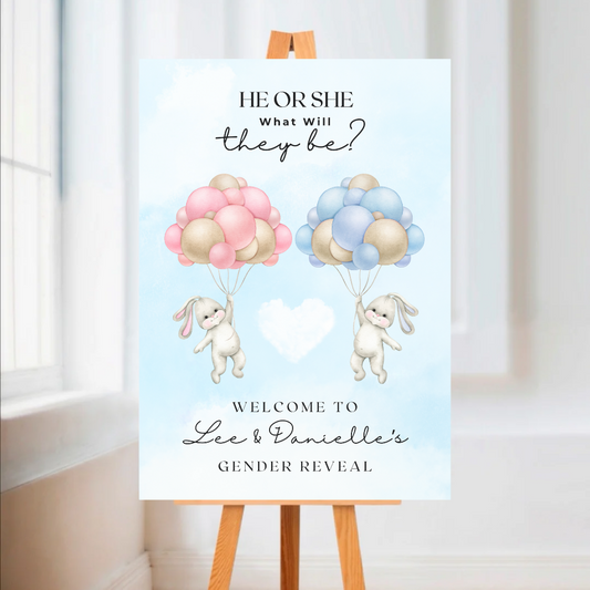 Pink Blue Bunny Balloon Gender Reveal Welcome Board Sign | Personalised Gender Reveal Board | Party Sign | A4, A3, A2