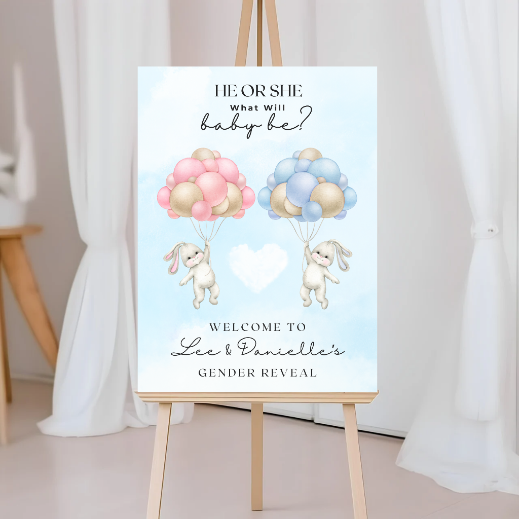 Pink Blue Bunny Balloon Gender Reveal Welcome Board Sign | Personalised Gender Reveal Board | Party Sign | A4, A3, A2