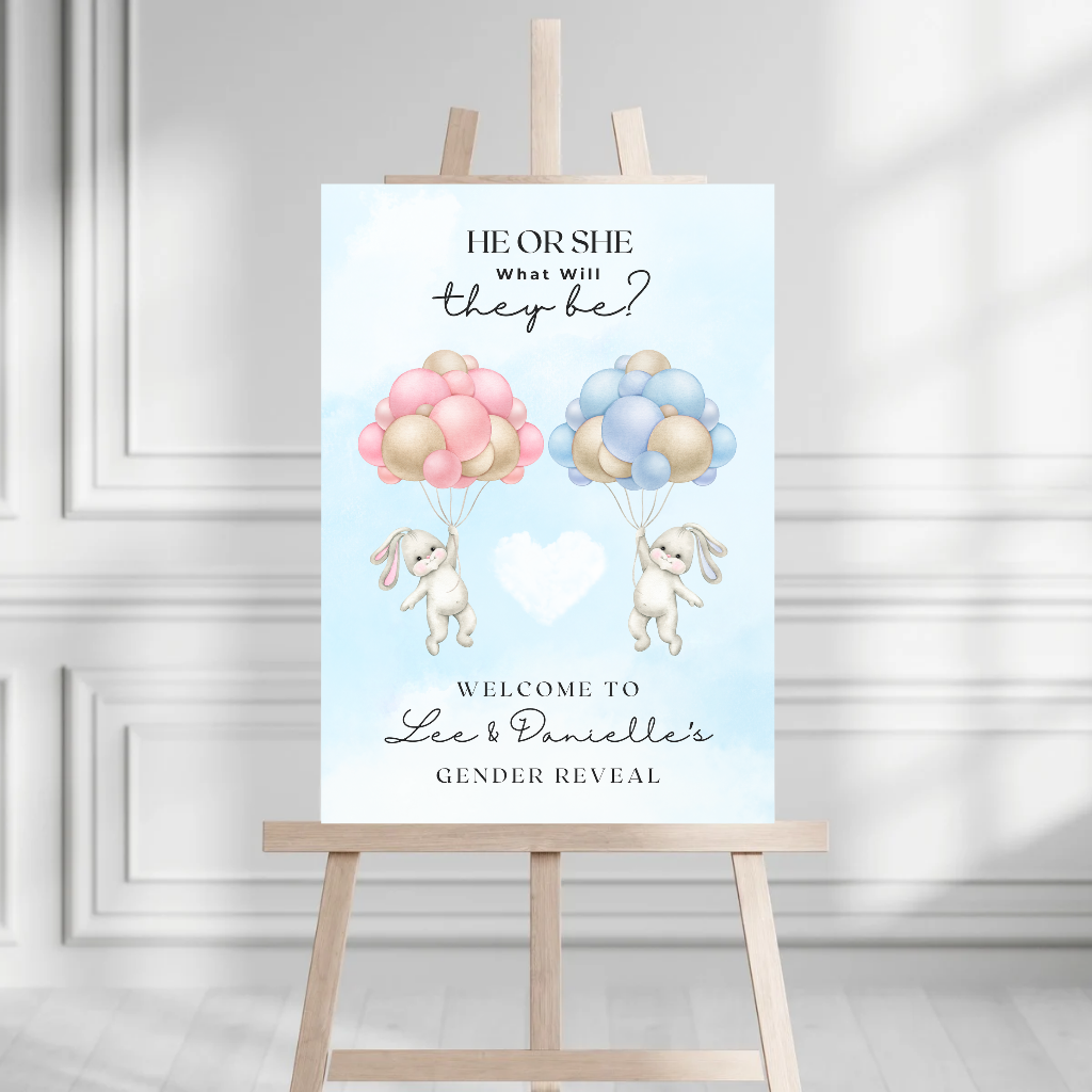Pink Blue Bunny Balloon Gender Reveal Welcome Board Sign | Personalised Gender Reveal Board | Party Sign | A4, A3, A2