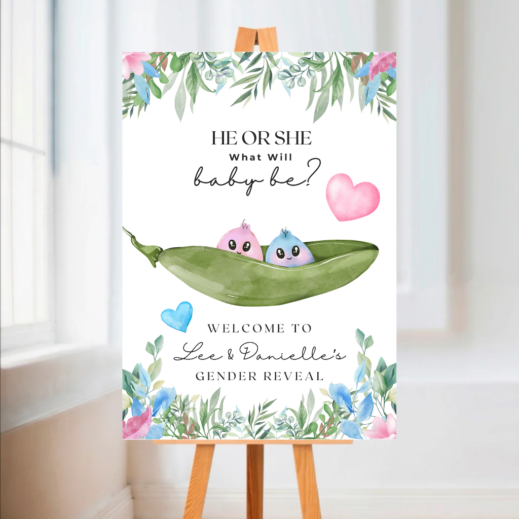 Peas In A Pod, Baby, Twin, Gender Reveal Welcome Board Sign | Personalised Gender Reveal Board | Party Sign | A4, A3, A2