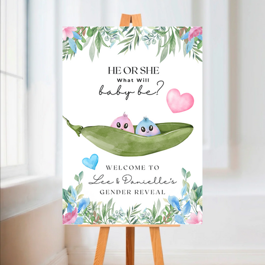 Peas In A Pod, Baby, Twin, Gender Reveal Welcome Board Sign | Personalised Gender Reveal Board | Party Sign | A4, A3, A2