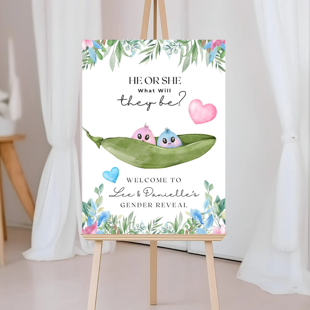 Peas In A Pod, Baby, Twin, Gender Reveal Welcome Board Sign | Personalised Gender Reveal Board | Party Sign | A4, A3, A2
