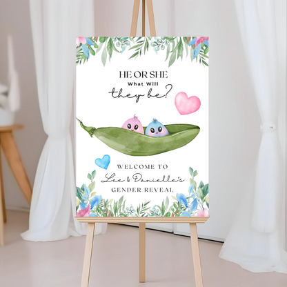 Peas In A Pod, Baby, Twin, Gender Reveal Welcome Board Sign | Personalised Gender Reveal Board | Party Sign | A4, A3, A2